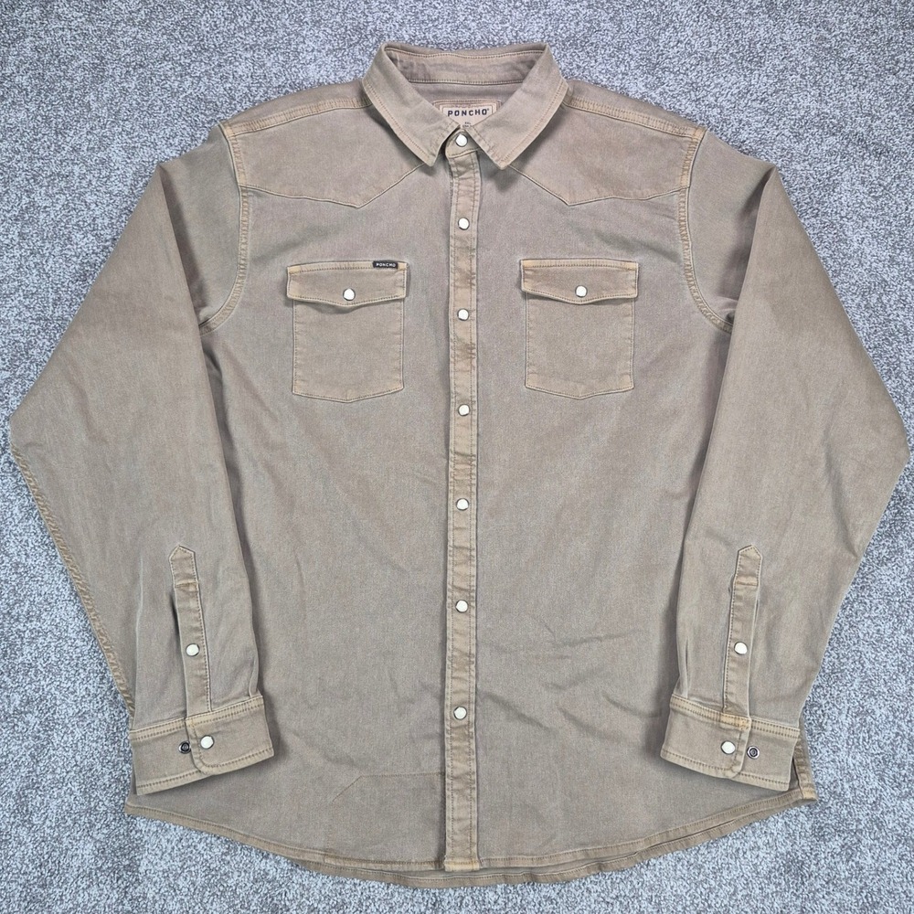 Poncho Cotulla Western Denim Shirt Mens XXL Slim Fit Brown Pearl Snap